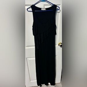 Calvin Klein Black Maxi Dress Ruffle Front and Back size 8 Sleek Slimming Soft